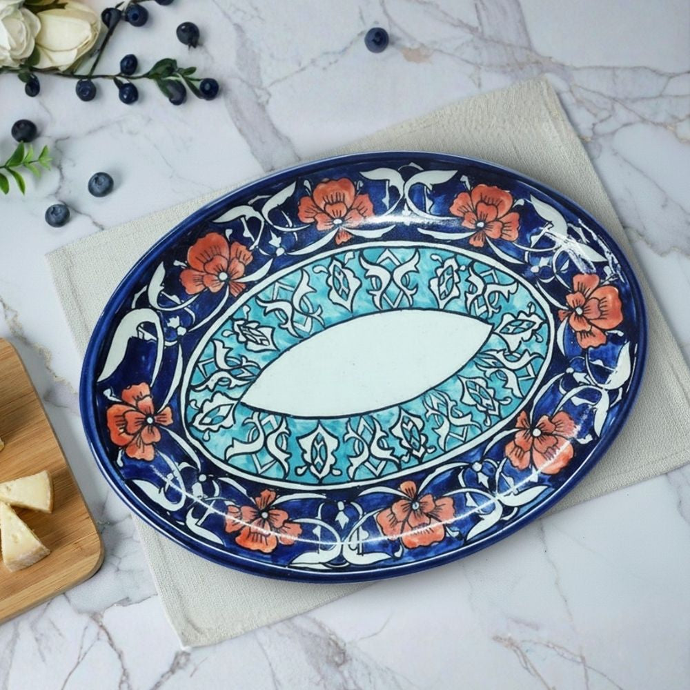 cobalt blue floral ceramic oval platter with glazed finish for serving snacks and main dishes